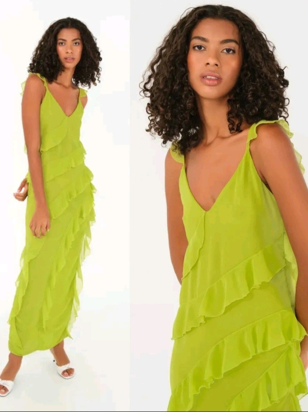 The Lulo Project Cascade V-Neck Lime Green Ruffle Maxi Dress